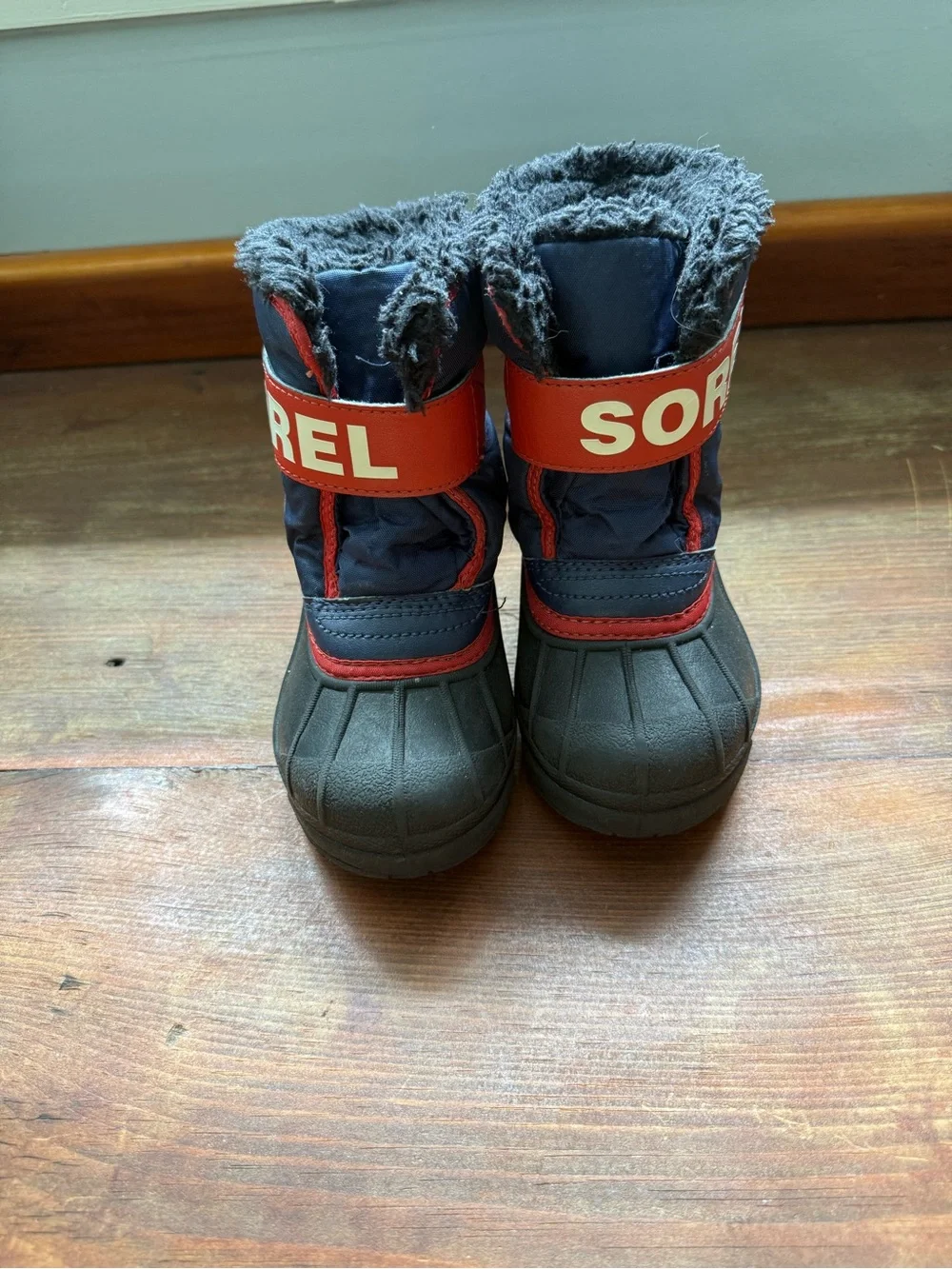 Sorel Navy and Red Kids Winter Boots with Faux-Fur Cuff